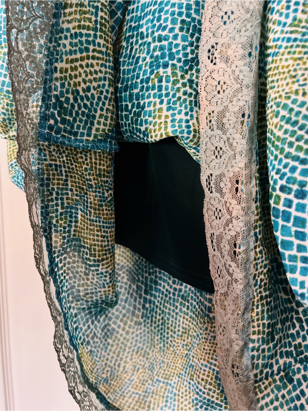 Vintage Y2K Mesh Print Midi Skirt Blue Green Lace Hem Fairycore Size L - Picture 4 of 7